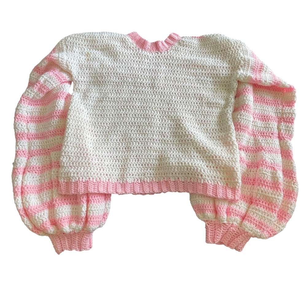 Handmade Pink‎ White Heart Crochet Sweater Striped Balloon Sleeve Oversized Boho - Picture 2 of 6